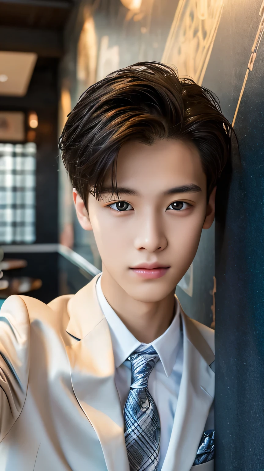 Highest quality, masterpiece, Ultra-high resolution, (Realistic: 1.4), Original photo, wallpaper, Head Photo, skin, Simple Background, Iris, detailed, Selfie, 1 boy, 18-year-old, good looking, Wind,suit、restaurant