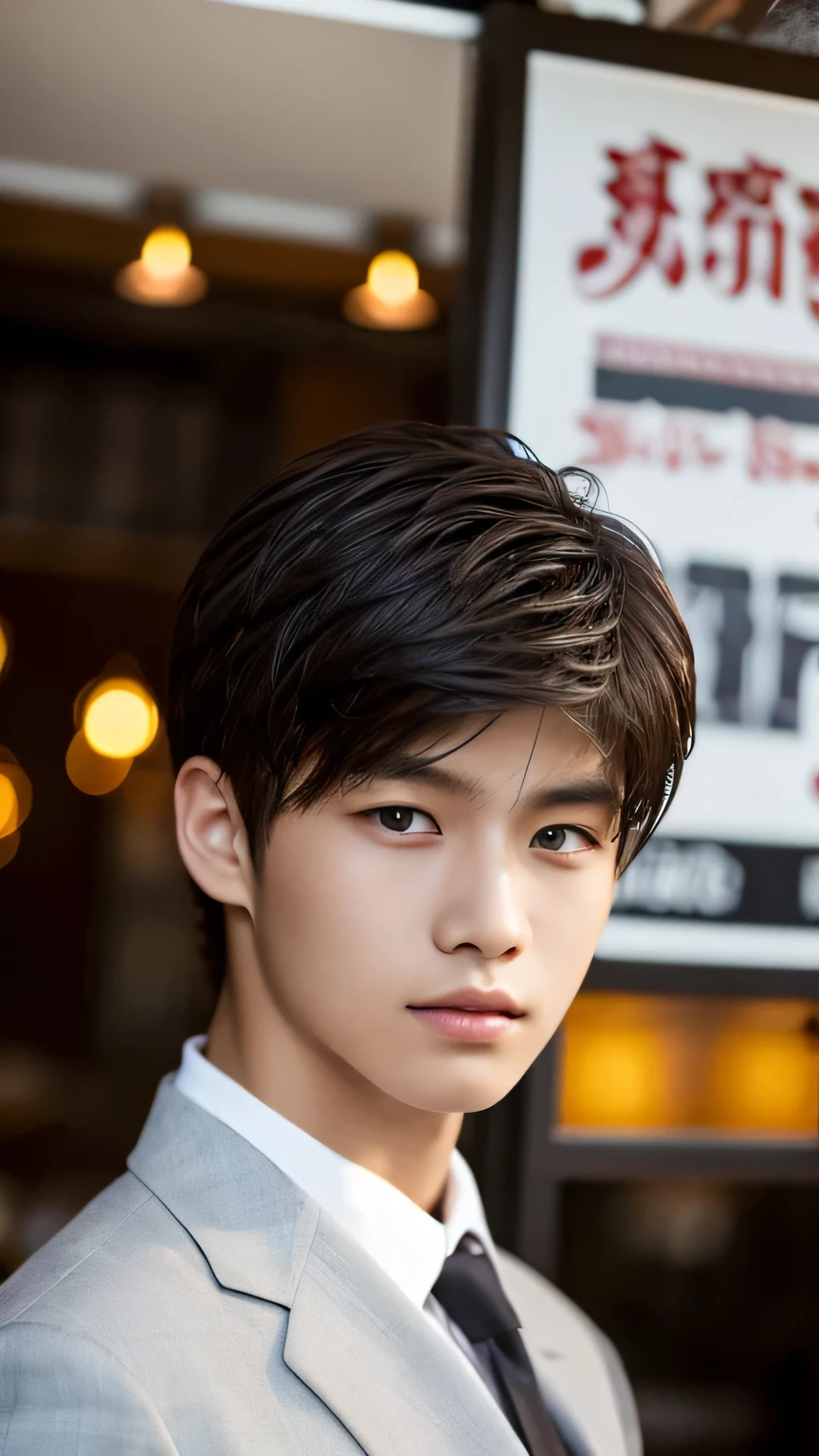 Highest quality, masterpiece, Ultra-high resolution, (Realistic: 1.4), Original photo, wallpaper, Head Photo, skin, Simple Background, Iris, detailed, Selfie, 1 boy, 18-year-old, good looking, Wind,suit、restaurant