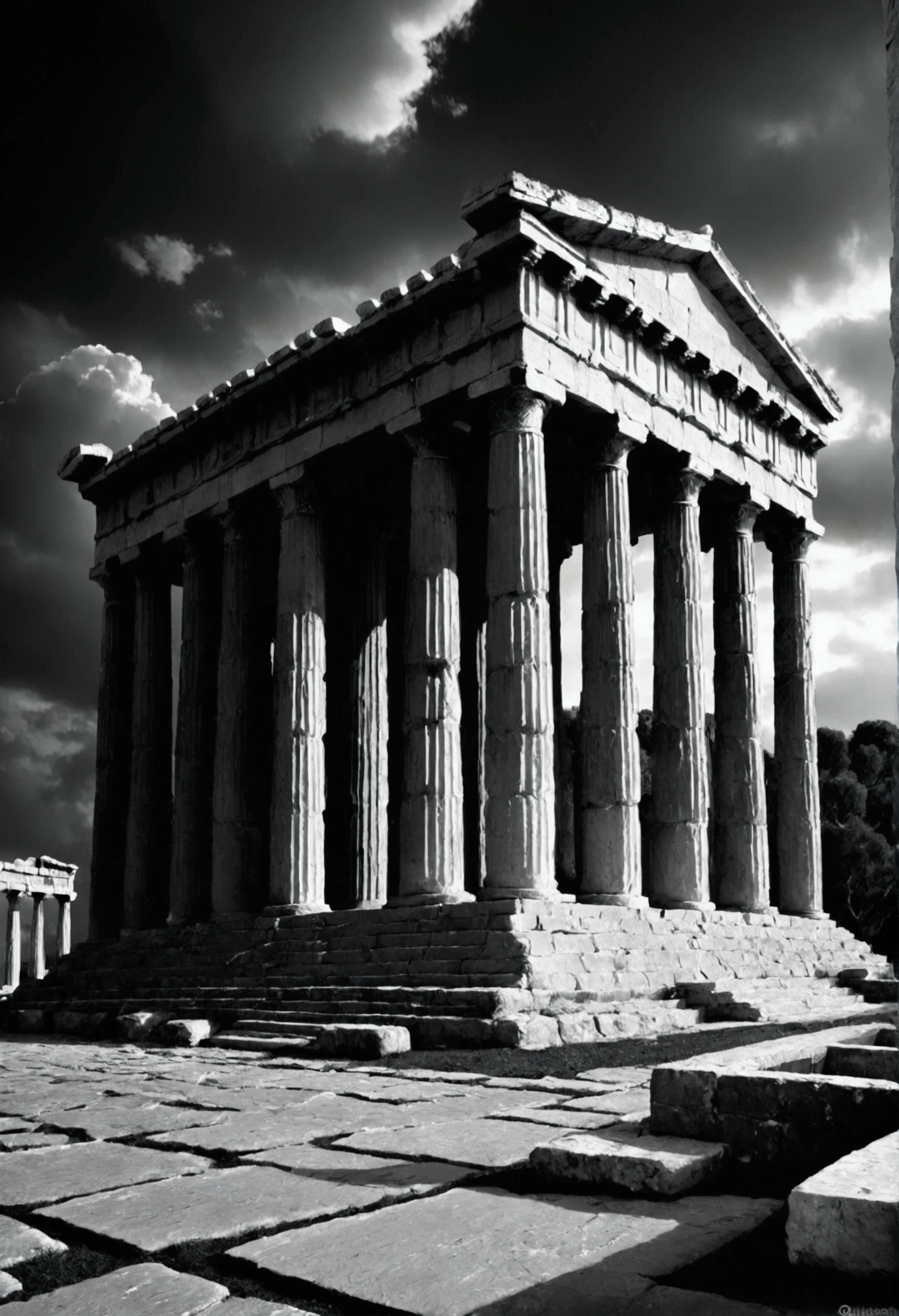 "A dark landscape image of an ancient greek society deeply connected to stoicism, black and white, ancient greek architecture