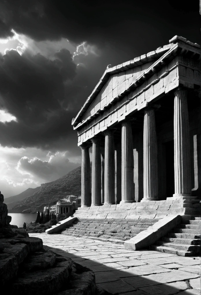 "A dark landscape image of an ancient greek society deeply connected to stoicism, black and white, ancient greek architecture