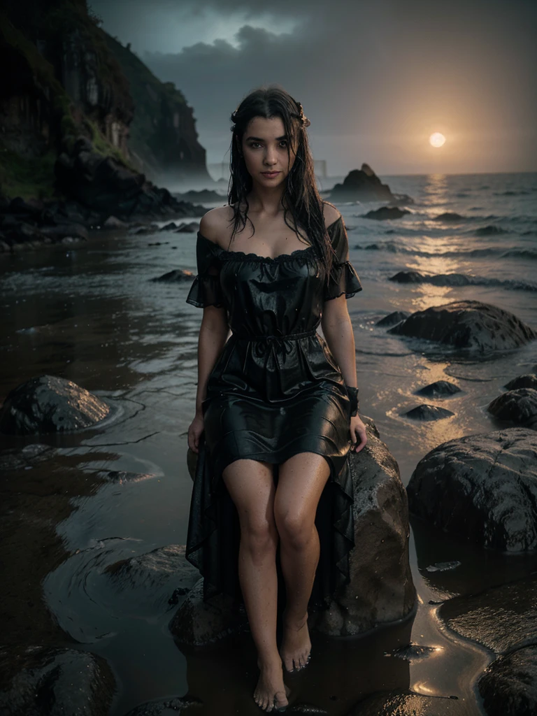 beautiful gothic girl, beautiful face, Beautiful smile, thin and voluptuous, wet medieval lace dress, Attached to the body, wet hair, barefoot, semi-lying on a volcanic rock, rocks of Mesopotamian origin, alga marina bioluminescent . Mysterious exotic planet environment, night fog, shores of a beach. thick fog, silent hill style 1:1 cinematic. masterpiece, hyperrealistic 4k 8k