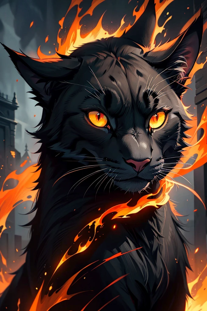 a black cat with vibrant orange eyes, its fur adorned with flickering red flames, surrounded by an aura of dark energy, 1cat,highly detailed, cinematic lighting, dark fantasy, dramatic, mysterious, moody atmosphere, volumetric lighting, intricate details, photorealistic, 8k, masterpiece