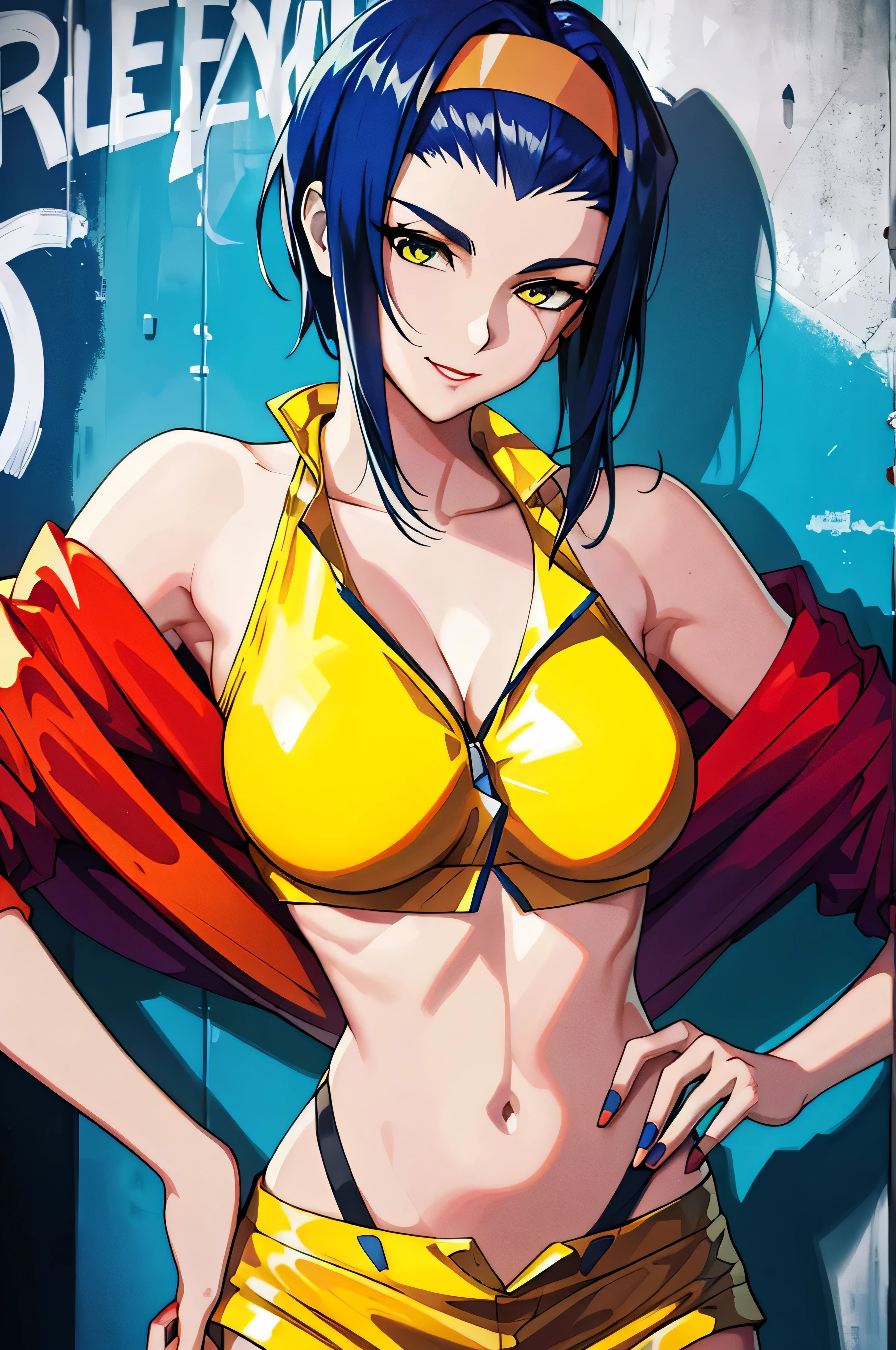 Faye Valentine, 1girl, blue hair, breasts, chain, cleavage, graffiti, hairband, hand on hip, hands on hips, headband, jacket, medium breasts, midriff, nail polish, navel, off shoulder, orange bikini, orange jacket, orange shorts, short hair, short shorts, shorts, outdoor,  beautiful background, smile, solo, traditional media, yellow bikini, yellow hairband, yellow shorts, high res, detailed, intricate, stunning artwork, photo quality,