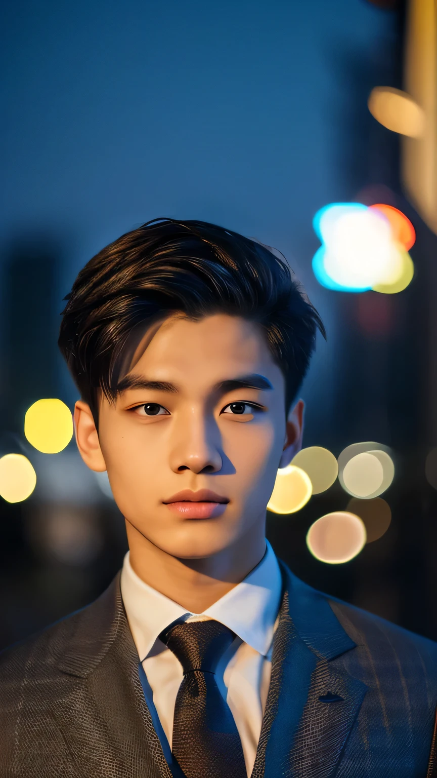 Highest quality, masterpiece, Ultra-high resolution, (Realistic: 1.4), Original photo, wallpaper, Head Photo, skin, Simple Background, Iris, detailed, Selfie, 1 boy, 18-year-old, good looking, Wind,suit、night