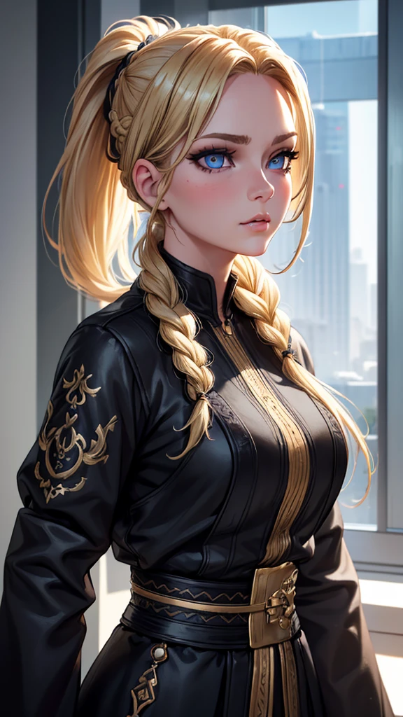 Realistic eyes, upper body picture, standing, beautiful lady, blonde long braided ponytail hair, dark eyeliner makeup, hyperdetailed photography, soft light, realistic eyes, hyperdetailed eyes, hyper realistic, 16k eyes in focus upper body, very high quality image, extreme details of realism, ultra definition, 16k UHD,  