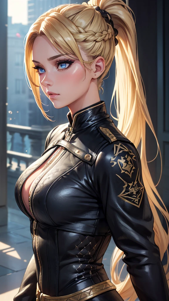 Realistic eyes, upper body picture, standing, beautiful lady, blonde long braided ponytail hair, dark eyeliner makeup, hyperdetailed photography, soft light, realistic eyes, hyperdetailed eyes, hyper realistic, 16k eyes in focus upper body, very high quality image, extreme details of realism, ultra definition, 16k UHD,
