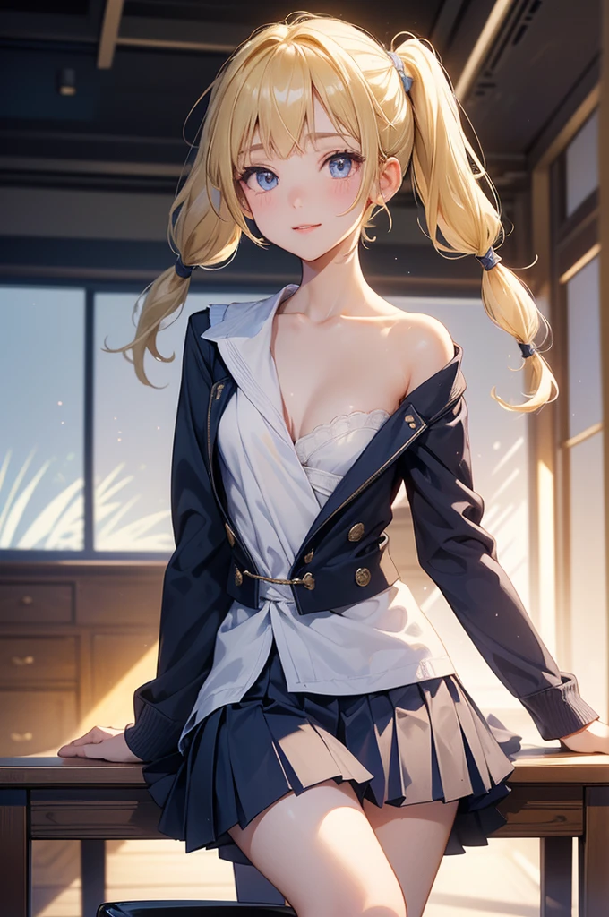 Browsing Caution:1.4, 8k, expensiveest quality, masterpiece, Vibrant, Real person, Unity 8k による壁紙, School classroom、Sit at a desk、Sit with your legs apart、(1 girl) , Beautiful Eyes, (Delicate face) , Perfect detail, (Best lighting) , (超Complexdetailed),、(Shooting from below:1.5)、Peeking out from under the skirt、Cowboy Shot、{Low Angle:1.4}、Showing panties、Laughter、Smiling girl、expensive , {Navy Blue Blazer:1.2}、{White shirt}、{Yellow ribbon}、{Grey pleated skirt}、((Small breasts:1.2))、Wearing a proper uniform、(1 girl),(Beautiful Eyes、detailedに描かれた、Look at the detailasterpieceサイドライト、masterpiece、expensiveest quality、detailed、High resolution illustrations),Delicate makeup, (close:1.2)、throw、Soft focus ground bokeh、Turn to me and smile,black eye,Half-up hairstyle with short bangs((blonde)))、Curly Hair,short hair, ((Low twin towel:1.3), (Short pigtails:1.3), 非常にdetailedな, Complex, Tabletop, Small Ass、thin texpensives