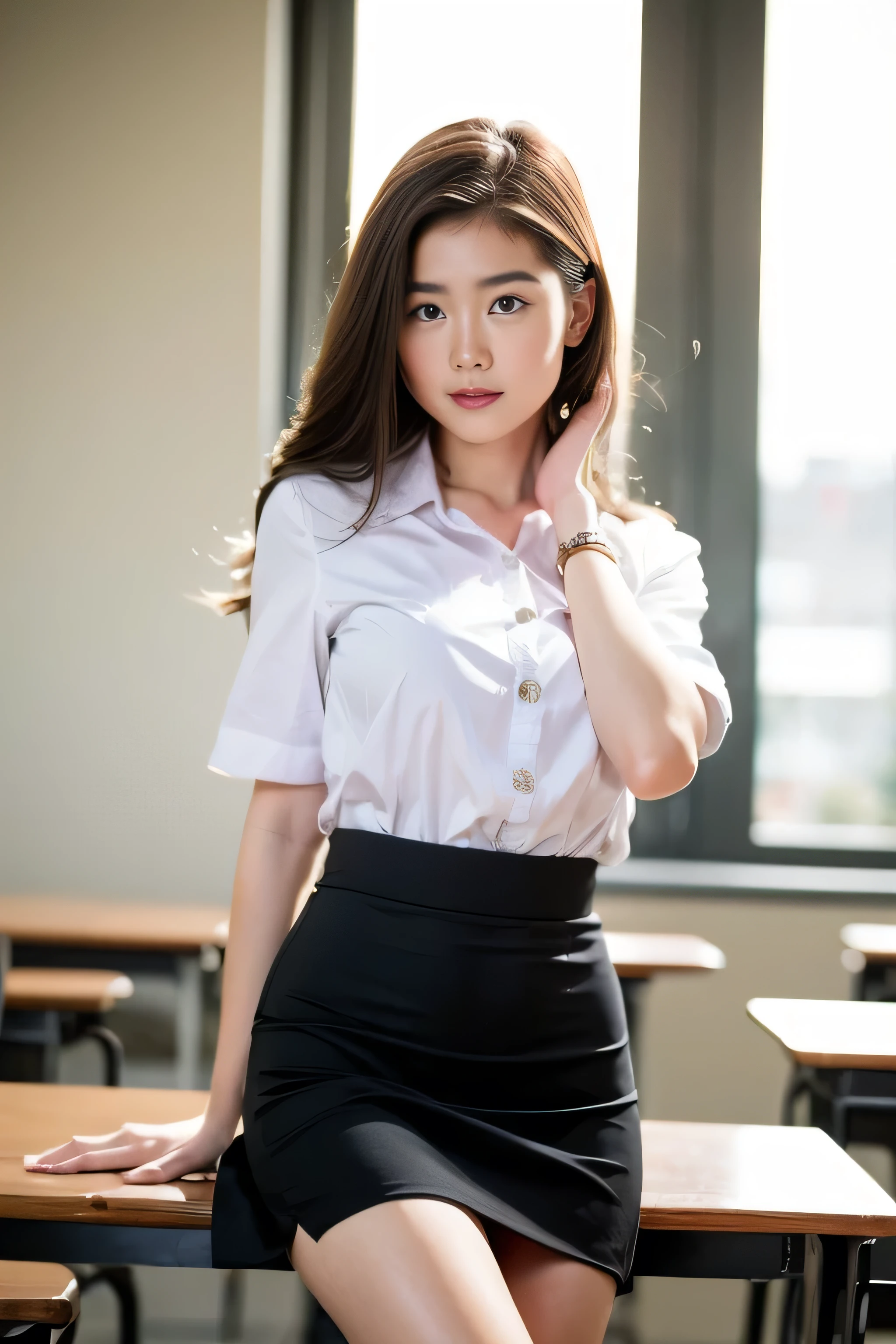 1 girl{{A beautiful girl wearing a white short-sleeved shirt and a short A-line skirt}} stood in the classroom.  sexy poses  with several lecture tables set up behind it  There is a sliding glass window.  There was evening light streaming into the room.