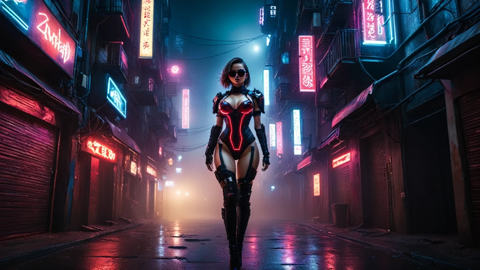 ((fisheye lens)), (1girl, solo, alone), a cyborg female warrior wearing a futuristic leotard standing in a GhostlyStyle cyberpunk city alley at dark night, darksynth aesthetic, red neons, atmospheric fog, large-breast:1.2 slim body, cleavage:1.1, (black sunglasses), (she raised a short-gun:1.8 and shot the viewer), dynamic pose, ((half-body thigh level medium shot)), cinematic lighting, lens flare, ray tracing.