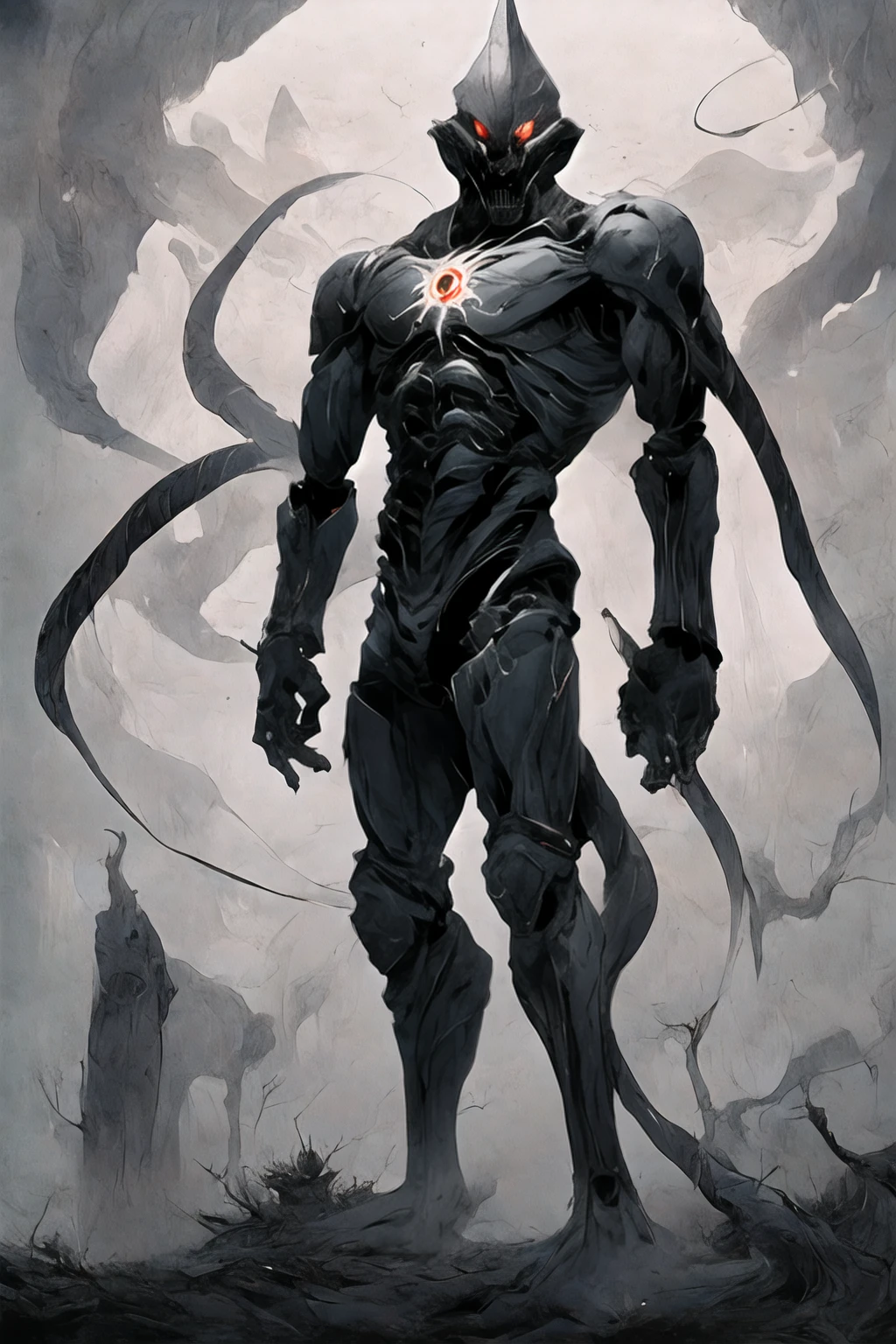 (((Highest quality)))(((Best Image)))外見は黒いfog,Wear shiny armor,Modern Battle Suit(((Appearance)))The shape is humanoid,Wearing armour(((Features)))Eyes glowing red,The shape is made of purple glowing matter..He also owns a weapon.(((male)))The skeleton is human-like、Muscle fibers are visible,fogのようなもので構築している(((background)))Barren Land,dead tree,fog,Chaotic world(((Standing posture)))Battle Scenes,overwhelmingly strong,Highest quality。