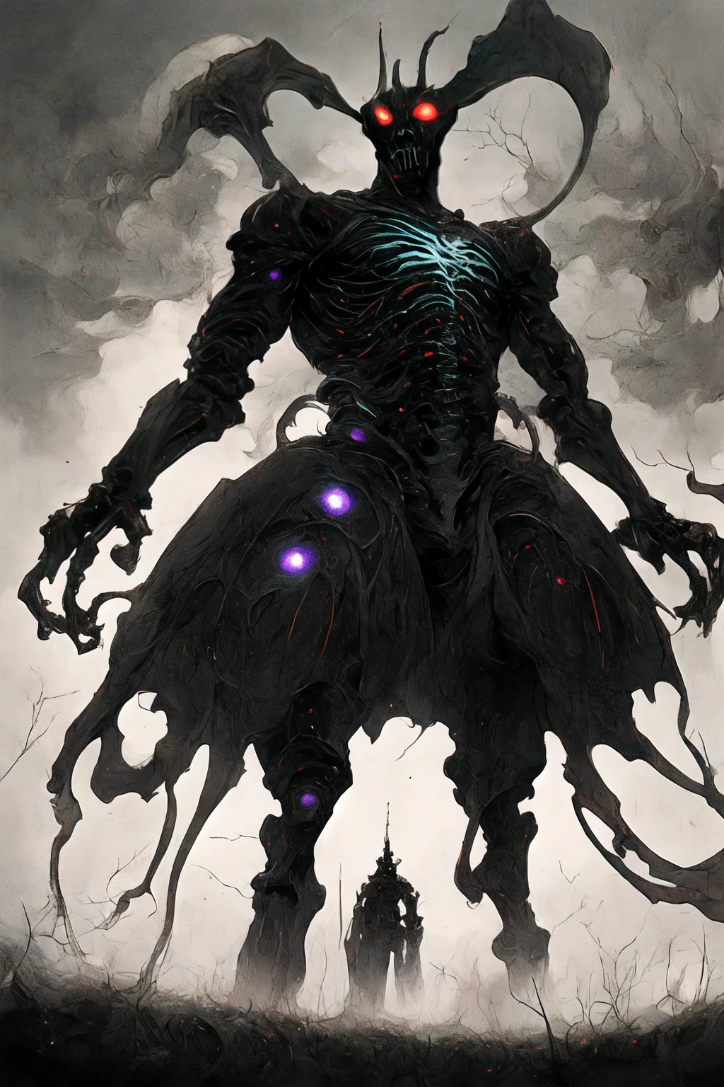 (((Highest quality)))(((Best Image)))外見は黒いfog,Wear shiny armor,Modern Battle Suit(((Appearance)))The shape is humanoid,Wearing armour(((Features)))Eyes glowing red,The shape is made of purple glowing matter..He also owns a weapon.(((male)))The skeleton is human-like、Muscle fibers are visible,fogのようなもので構築している(((background)))Barren Land,dead tree,fog,Chaotic world(((Standing posture)))Battle Scenes,overwhelmingly strong,Highest quality。