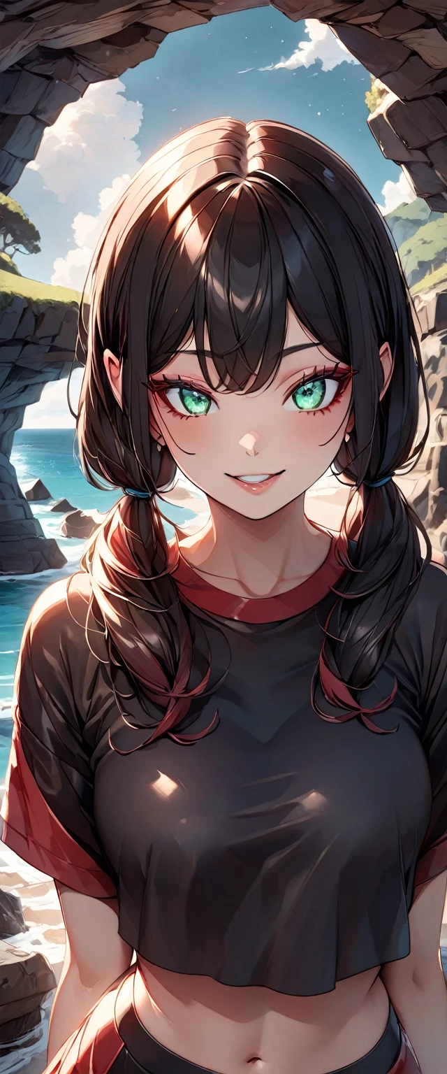 Photo of a girl with natural skin, ((Baby Face)), Grinning, Round face, A girl wearing mainly black and red, Upper Body, Seaside cave, The light is shining in, High Twintails, Black hair with red mesh, Sharp eyes with red eyeshadow, Blue-green eyes, Shining eyes, A thin, upturned nose, Well-shaped lips, ((crop top overhang, Short sleeve, Black clothes, Thighs, Glamour body)), Makeup, Exquisitely crafted with the utmost attention to detail, Vibrant, amazing, Smooth, Cinematic, 4K, Backlight, (()), Shallow depth of field, ((Detailed eyes:1.3, Detailed lips:1.3, high quality, )), masterpiece, Super detailed images, High quality