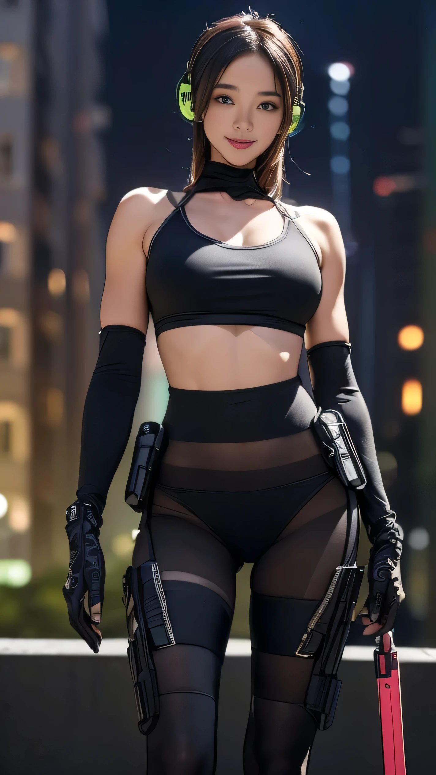 (One Womon),(((Womon standing side by side:1.5))),((Black tactical tights:1.5)),((Black headphones:1.5)),((Black Tactical Holster:1.5)),(Black Gloves:1.5),((Wearing the same:1.5)),(Smile:1.5),(beautiful eyes:1.3),(Very detailedな顔:1.5),((Very detailed drawing of a female hand:1.5)),((muscular:1.5)),(Sexy appearance:1.5),((Thick thighs:1.5)),(Beautiful Body:1.5),((Very sensual:1.5)),(Background is the city:1.5),(((Blurred Background:1.5))),(Written border depth:1.5),rest(((masterpiece:1.5),(best quality:1.5),(Very detailed:1.5),(high resolution:1.5),(Practical:1.5),(Practical:1.5),(Delicate depiction),(Carefully drawn))),8k,wallpaper