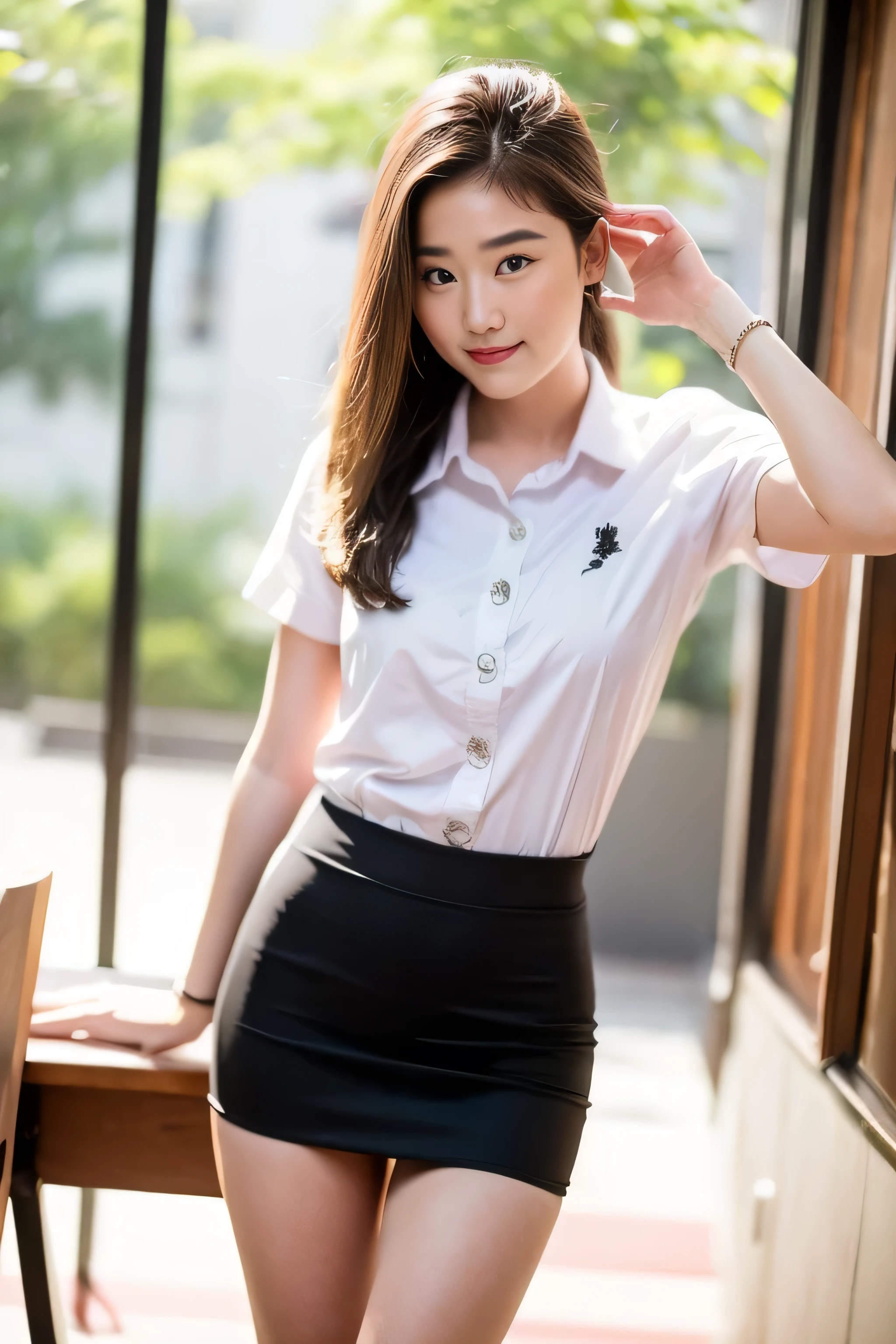 1 girl{{A beautiful girl wearing a white short-sleeved shirt and a black short A-line skirt}} stood in the classroom.  sexy poses  with several lecture tables set up behind it  There is a sliding glass window.  There was evening light streaming into the room.