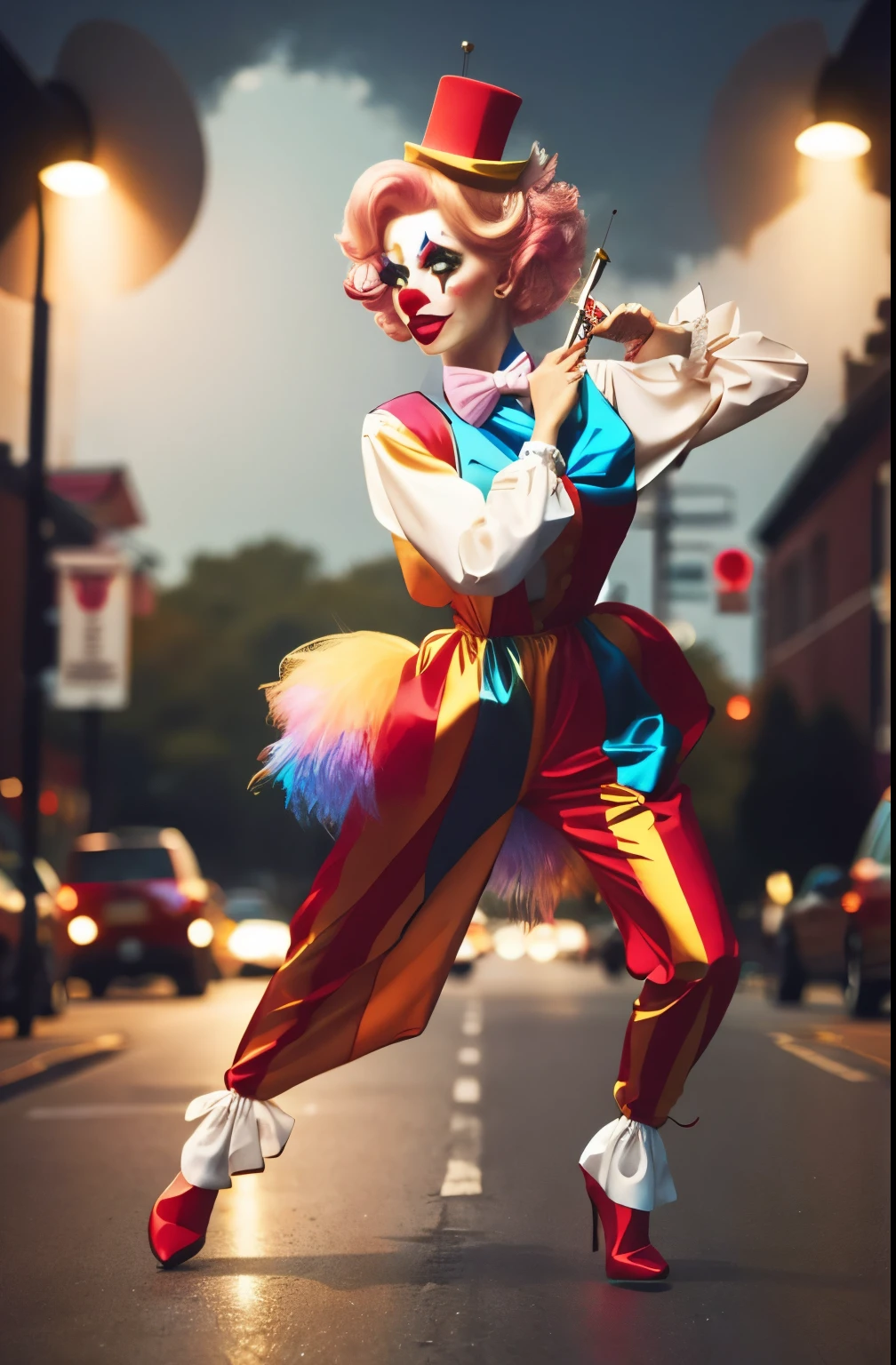  1girl, amazing body, classic clown costume, red nose, rainbow wig, standing on the sidewalk background holding a flashlight, ready to fight, face looks like lucille ball, sexy female clown ready to fight with a flashlight