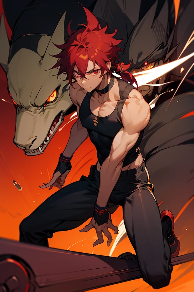 Anime, anime 2D, anime style, male, male chatacter, dark skin, masculine dark skin, fullbody, eyes, 2D realist eyes, detailed eyes, minimalist eyes, serious eye, white sclera, red wine eyes, black pupil, red wine hair, short ponytail red wine hair, red wine hair, mescle, shirt, black shirt, compression shirt tank top, high collar shirt, pants, long pants, shoes, bots, black bots, black male long bots, lance weapon, dragon symbol, golden lance weapon