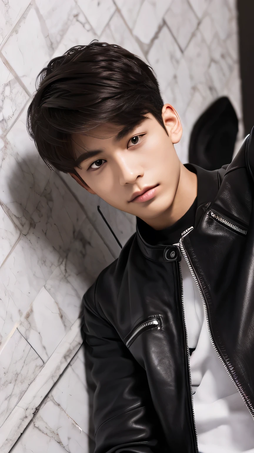 Highest quality, masterpiece, Ultra-high resolution, (Realistic: 1.4), Original photo, wallpaper, Head Photo, skin, Simple Background, Iris, detailed, Selfie, 1 boy, 18-year-old, good looking, Wind,night、Leather jacket