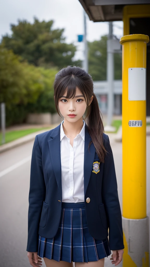 mix 4, (16K, Raw photo, best image quality, masterpiece: 1.45), (realistic, Photoreal: 1.37), one girl, cute, cityscape,, professional lighting, photon mapping, school classroom, Physically based rendering, dark brown hair,ponytail hairstyle, Beautiful well-groomed eyes、((double eyelid))、super cute girl, (((school uniform、blazer、Long-sleeved shirts worn by Japanese high school girls、ribbon tie、Navy blue super super super mini skirt,、dark blue socks、black loafers))), highest quality photos, High resolution, 1080P, (clear face), (Detailed facial description), (detailed description of hands), (masterpiece), (Detailed CG)、extreme light and shadow、messy hair、master work、Rich details、(detailed facial features)、(highest quality photoasseter muscle part)、(detailed eye)、look in front of you、thin clavicle、((slender and big))、(((Japanese high school girls wear long-sleeved shirts)))、((neat idol))、((school gate、schoolyard、School building in the background))、(Take photos from random viewpoints)、(((Anyway it's cute)))、earrings、big smile、Draw the whole body from the knees、Do not draw fine lines、(((Sports bags used by Japan schoolgirls)))、(small breasts:1.2)、small buttocks with tension、Two arms and two legs、(((from the front:0.7)))、bare hands、(((symmetrical eyes)))、standing pose、put your hands on the desk、Do not remove the tie from the jacket、