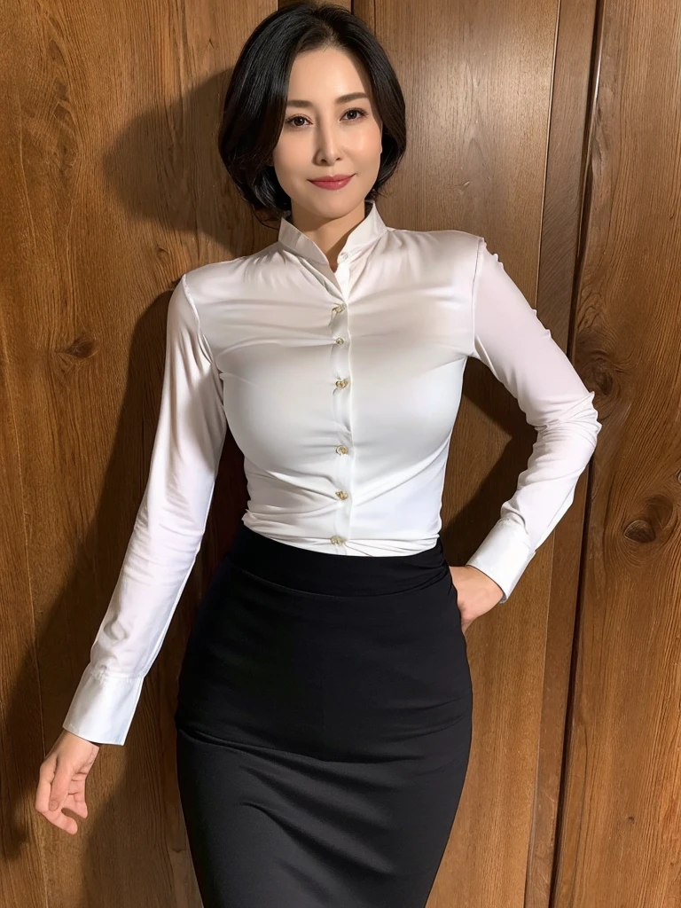 Highest quality、masterpiece、8k、Very detailed、Realistic、One girl、Looking at me with a smile、Black Hair、Short Hair、Small face、Slender、Big Breasts、Thin and beautiful legs、narrow and constricted waist,、(A tight-fitting shirt with an open center:1.2)、Tight Skirt、Dressed like a female teacher、(Erect nipples:1.2)、(Only the middle button of the shirt is undone)