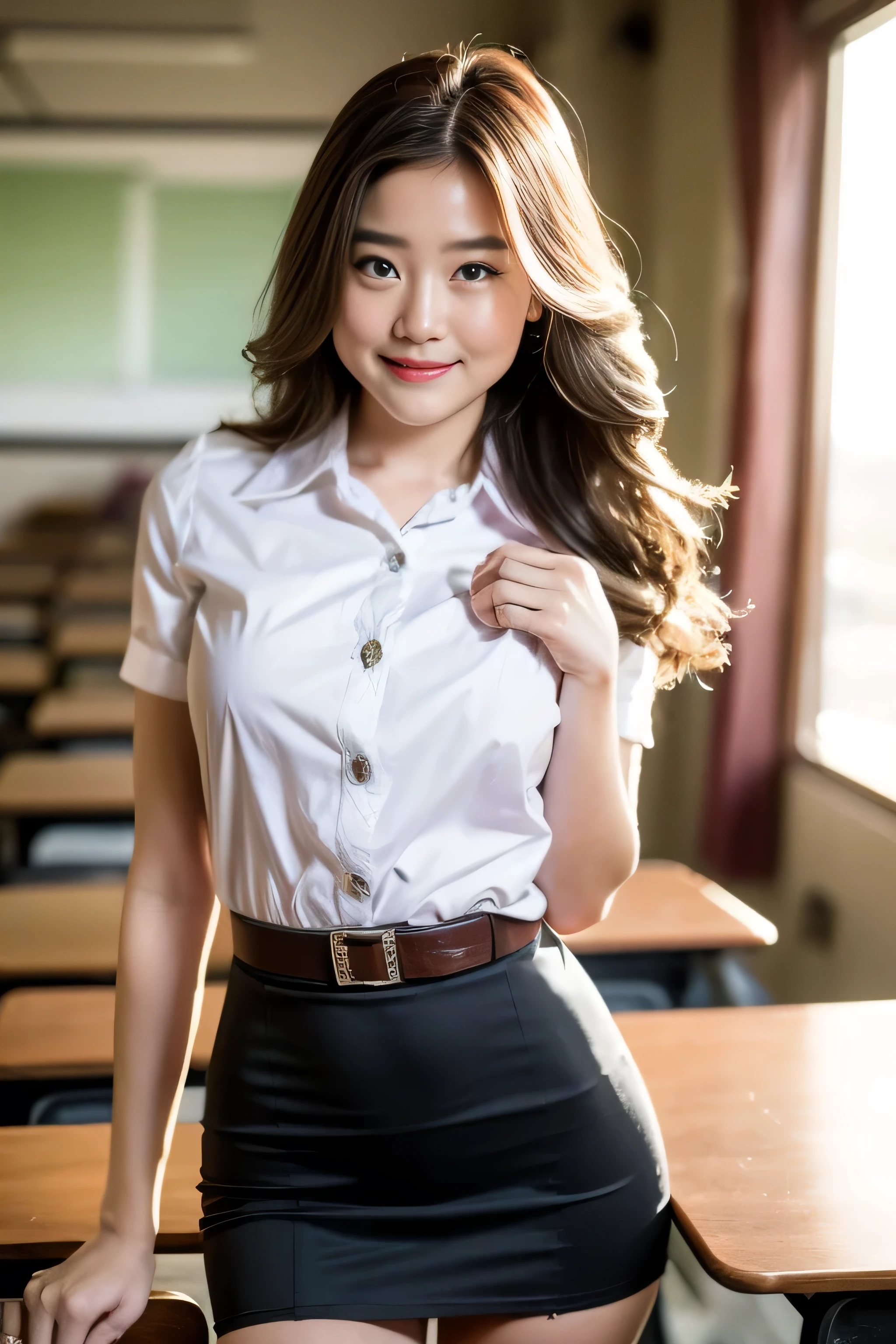 Close up,1 girl{{A beautiful girl wearing a white short-sleeved shirt and a black short A-line skirt}} stood in the classroom. sexy poses with several lecture tables set up behind it There is a sliding glass window. There was evening light streaming into the room.