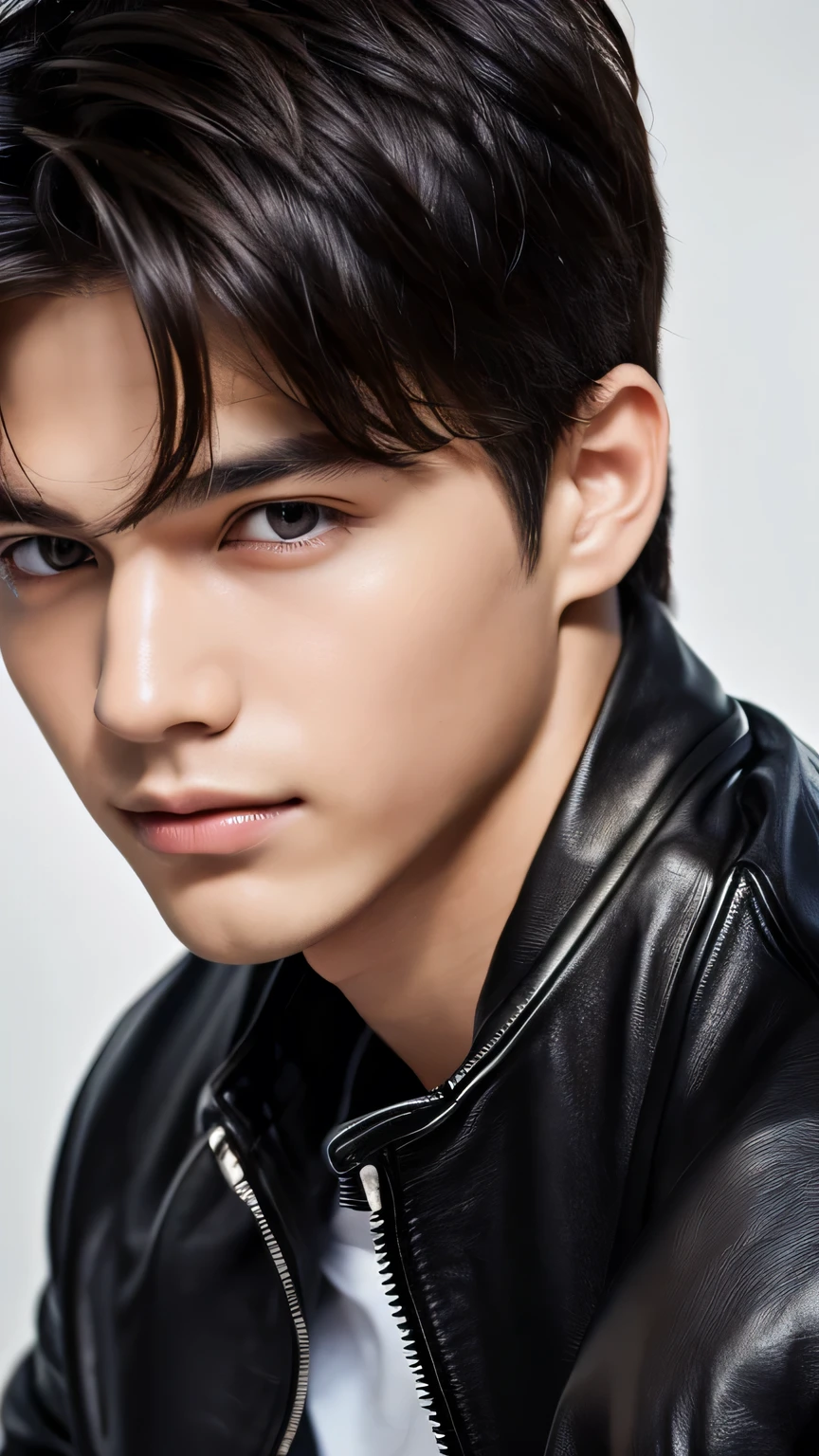 Highest quality, masterpiece, Ultra-high resolution, (Realistic: 1.4), Original photo, wallpaper, Head Photo, skin, Simple Background, Iris, detailed, Selfie, 1 boy, 18-year-old, good looking, Wind,night、Leather jacket