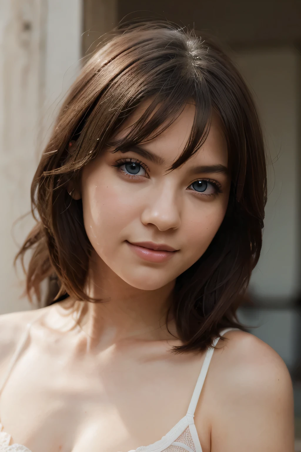 1 fille, solo, Longhaire, ssmile, blue eye, High resolution, Details, Longhaire, Queue de Cheval,brown-hair, big , ssmile, blue eye, fond simple, Artwork, high quality, textured skin,