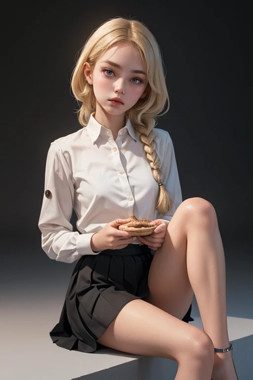 masterpiece,
high quality,
32K,
hyperrealism,
calming tones,
Muted colors,
high contrast,
luz outfit,
sharp,
Artistic photo session,
, small face, Small hands,  pies,small breasts,adolescence,Beautiful,slender,European, eyes,pale cheeks,square face shape with angular jaw,natural "no-make up" make up,( __NW/NW blonde hair__ hair ), looking at the viewer,spiral braid hairstyle,
wearing a satin button-down shirt,pleated skirt and strappy black platform heels 