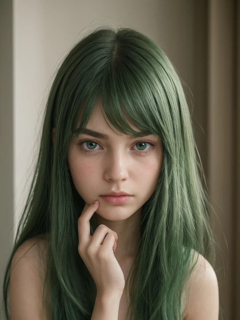 a girl. Europe. feelings of sadness and anger. Oval face. delicate facial features. dull eyes. long straight hair. messy hair. green hair. shy. straight face