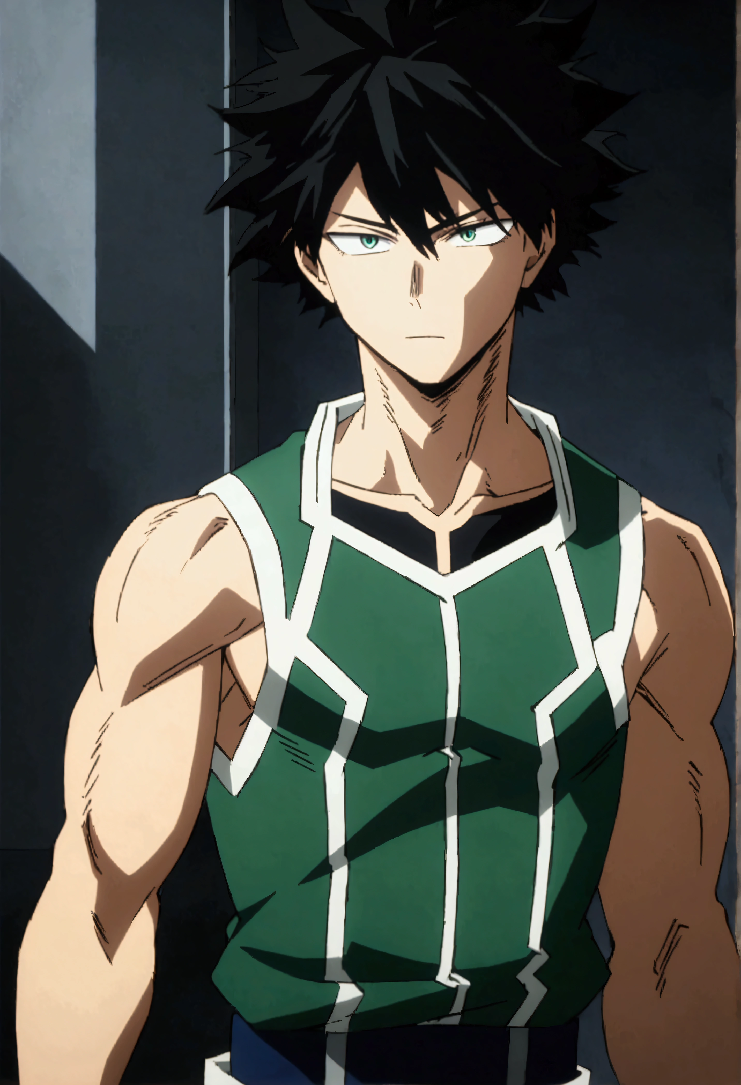 He is a , He has slightly disheveled very black hair..., somewhat light green eyes, , muscular body , anime art slyle my hero academy , sexy face, He is dressed in the anime male uniform "my hero academia",  , 8k, high quality, masterpiece, , cinematic, vivid colors, shining green eyes 