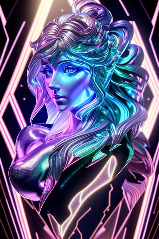 best quality, super fine, 16k, incredibly absurdres, extremely detailed, delicate, flashy and dynamic depiction, mysterious and beautiful plaster bust of Goddess, fusion with iridescent holograms, iridescent holographic projection, room surrounded by prism walls, scattering light