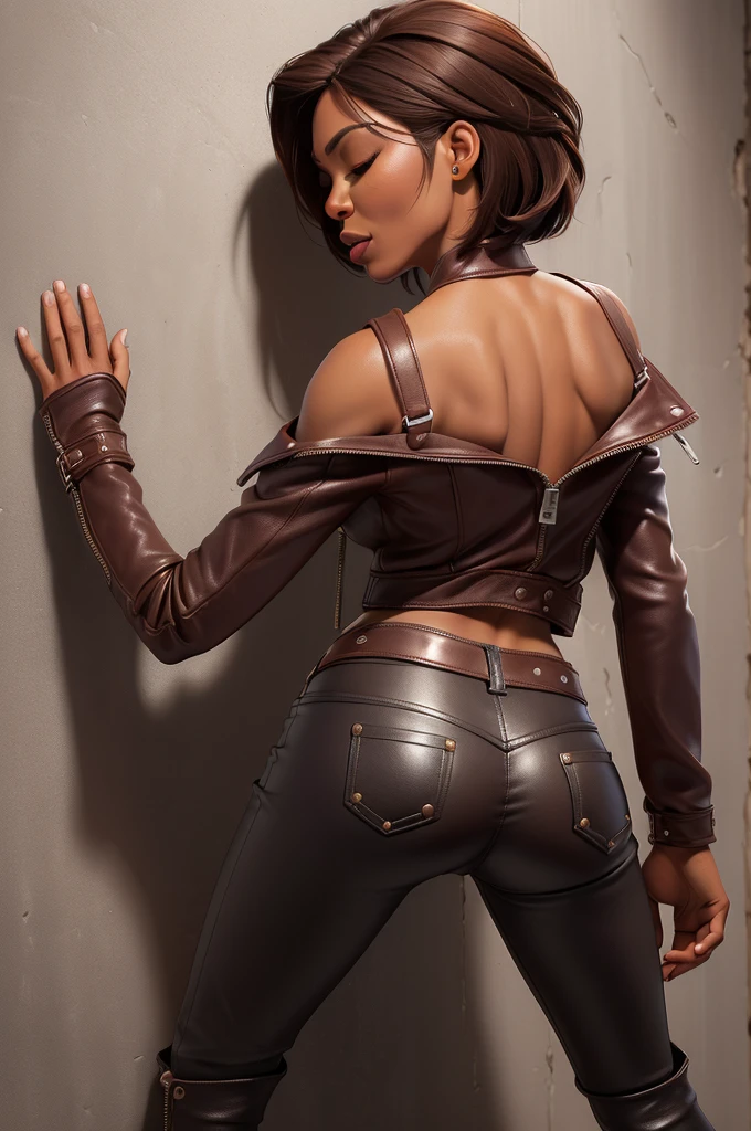 obra prima, melhor qualidade, ((one woman only,)) ((angela bassett, glamor makeup, dark skin,)) brown bob hair, looking back over shoulder at me, (((eyes closed, mouth open big, face of ecstasy,))) wearing cherry red leather biker jacket, ((jacket is unzipped, nip slip,)) jacket has padded puff shoulders, shiny leather gloves, ((brown distressed leather skinny pants,)) leather has studs and zippers and chains, body is slender, skinny shiny tight ass, ((facing wall, body pressed to wall, shoulders arched back, touching herself sexually,)) (camera view of whole body, back view of body,) shallow depth of field, highres, HD, 8k, anatomically correct