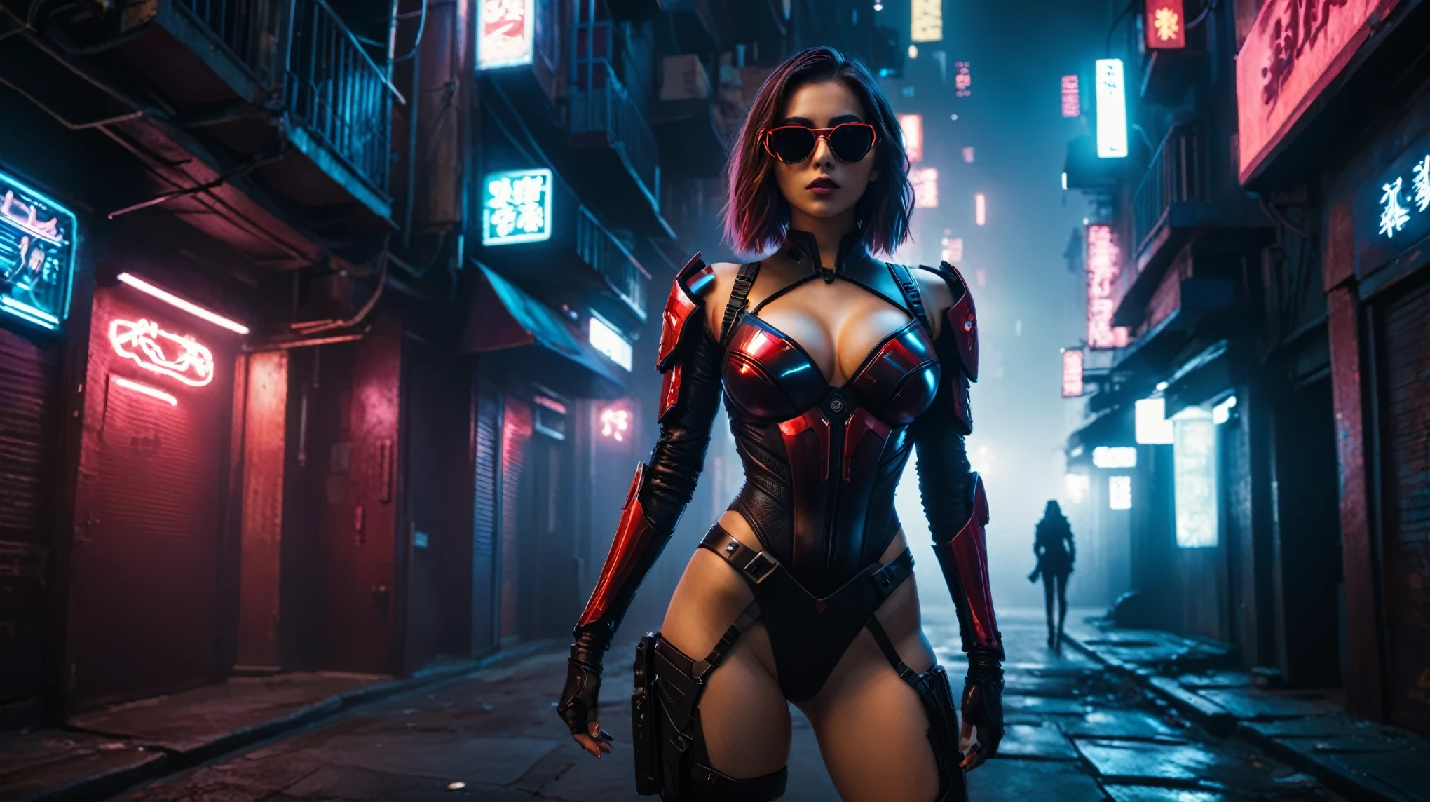 ((fisheye lens)), (1girl, solo, alone), a cyborg female warrior wearing a futuristic leotard standing in a GhostlyStyle cyberpunk city alley at dark night, darksynth aesthetic, red neons, atmospheric fog, large-breast:1.2 slim body, cleavage:1.1, (black sunglasses), (she raised a short-gun:1.8 and shot the viewer), dynamic pose, ((half-body thigh level medium shot)), cinematic lighting, lens flare, ray tracing.