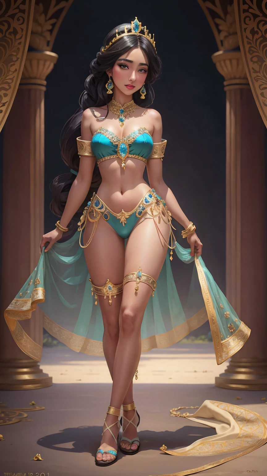 ((Full body photo, standing, feet on the floor)) thigh-high jeweled sandal, (((1girl))), (((23years))), ((full body shot)), Jasmine , Arabian, bikini, diadem with blue gem, jewelry, bracelets on arms, anklets on legs, colorful silks, Arabian setting, flowers, looking at viewer, ((highly detailed)), (((masterpiece))) Hyacinth, strappy sandals full of jewels that go up to the thighs