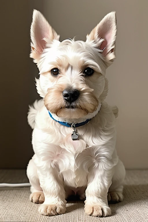 

Generates the realistic image of a 9 kilo dog, It is the size of a Schnauzer and the shape of a West Highland white terrier, has pointed ears, more hair on his head and ears, Its color is white with light beige, his round light brown eyes, has less hair on its extremities and body.  He is 6 years old. He is thin with long legs


