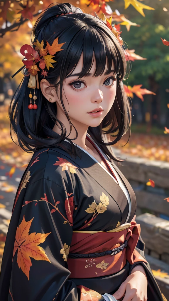 (8k, best quality, masterpiece:1.2) (realistic, photo-realistic:1.4) ultra-detailed, upper body, one girl, black hair, kimono, hairpin, autumn leaves, blurred background