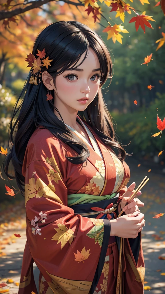 (8k, best quality, masterpiece:1.2) (realistic, photo-realistic:1.4) ultra-detailed, upper body, one girl, black hair, kimono, hairpin, autumn leaves, blurred background