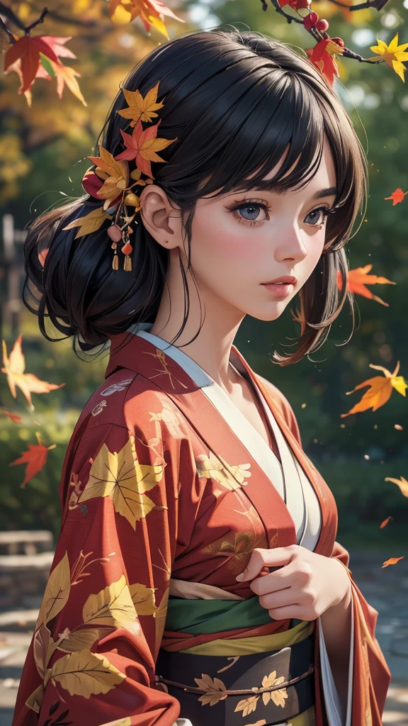 (8k, best quality, masterpiece:1.2) (realistic, photo-realistic:1.4) ultra-detailed, upper body, one girl, black hair, kimono, hairpin, autumn leaves, blurred background