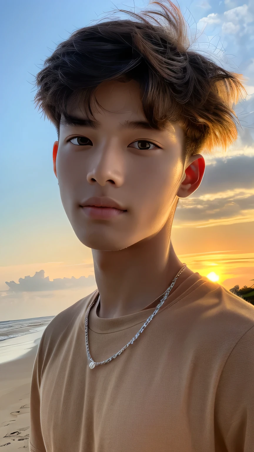 Highest quality, masterpiece, Ultra-high resolution, (Realistic: 1.4), Original photo, wallpaper, Head Photo, skin, Simple Background, Iris, detailed, Selfie, 1 boy, 18-year-old, good looking, Wind,Sunset、Sandy Beach