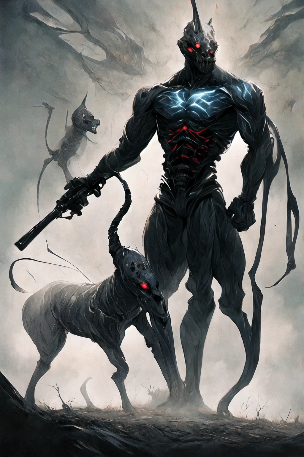 (((Highest quality)))(((Best Image)))外見は黒いfog,Wear shiny armor,Modern Battle Suit(((Appearance)))The shape is humanoid,Wearing armour(((Features)))Eyes glowing red,The shape is made of purple glowing matter..Possess modern weapons.(((male)))The skeleton is human-like、Muscle fibers are visible,fogのようなもので構築している(((background)))Barren Land,dead tree,fog,Chaotic world(((Standing posture)))Battle Scenes,overwhelmingly strong,Highest quality。