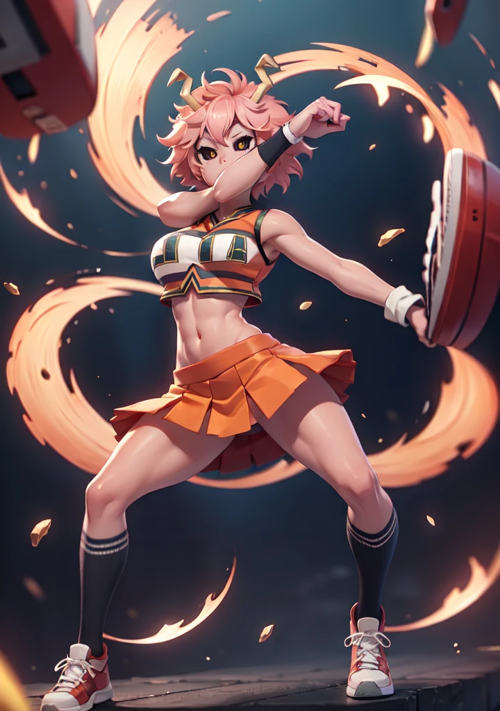 mina ashido, 1girl, solo, looking at viewer, short hair, simple background, yellow eyes, pink hair, horns, colored skin, colored sclera, black sclera, pink skin, U.A. CheerUniform, orange skirt, cheerleader, (bare belly), perfect shading, bare shoulders, big breasts