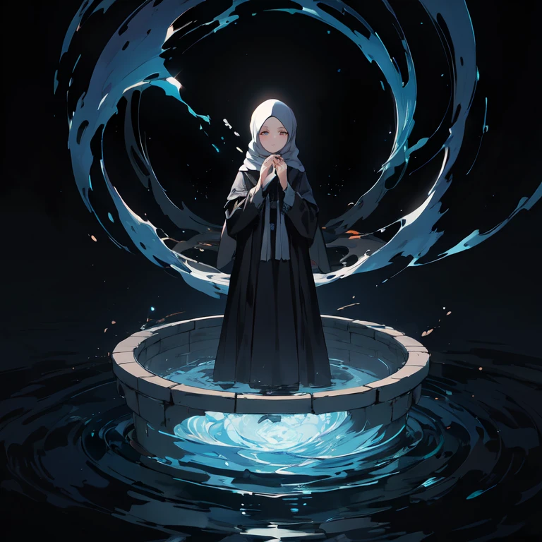 Surrealist painting,16 kg,Maximum detail,Soft texture,Deep shadows,dark,Sharp lines,((a Beautiful, A young woman feels the passage of time)),sad colors. Beautiful. hasty.  Mysterious random Kazakhstan. sad. turn around. (To merge:1.2). Cracked. (whirlpool:1.2). (Shiny eyes:1.2). abstract background. (Full body), Hijab and long dress ,Very detailed 