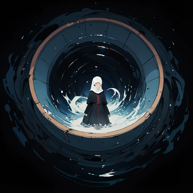Surrealist painting,16 kg,Maximum detail,Soft texture,Deep shadows,dark,Sharp lines,((a Beautiful, A young woman feels the passage of time)),sad colors. Beautiful. hasty.  Mysterious random Kazakhstan. sad. turn around. (To merge:1.2). Cracked. (whirlpool:1.2). (Shiny eyes:1.2). abstract background. (Full body), Hijab and long dress ,Very detailed 