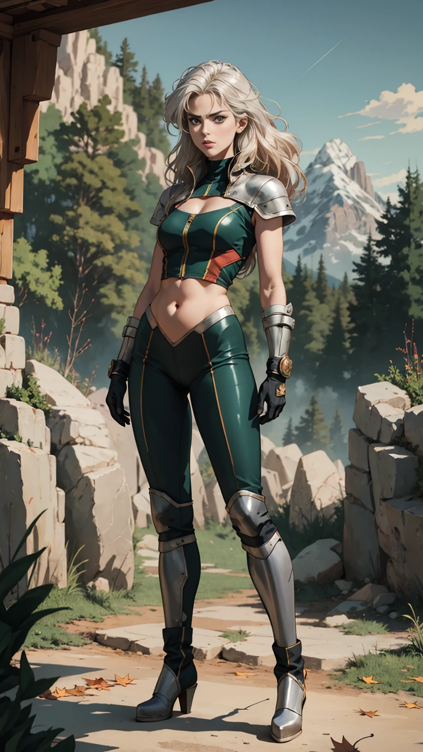 (((full body photo))),A middle-aged beautiful woman, showing the belly button, long platinum-blond hair, neatly combed hair, a square face, a serious expression, sharp eyes, tall figure, a dark fantasy-realistic style bodysuit, short sleeve, a silver-white chestplate, gloves with metal accessories, three metal blades extending from the gloves, tight-fitting pants that match the bodysuit, silver-white metal shin guards, boots, the background is a mountain forest at night, with falling leaves, this character embodies a finely crafted fantasy-realistic style assassin in anime style, characterized by an exquisite and mature manga illustration art style, high definition, best quality, highres, ultra-detailed, ultra-fine painting, extremely delicate, professional, anatomically correct, symmetrical face, extremely detailed eyes and face, high quality eyes, creativity, RAW photo, UHD, 8k, Natural light, cinematic lighting, masterpiece-anatomy-perfect, masterpiece:1.5