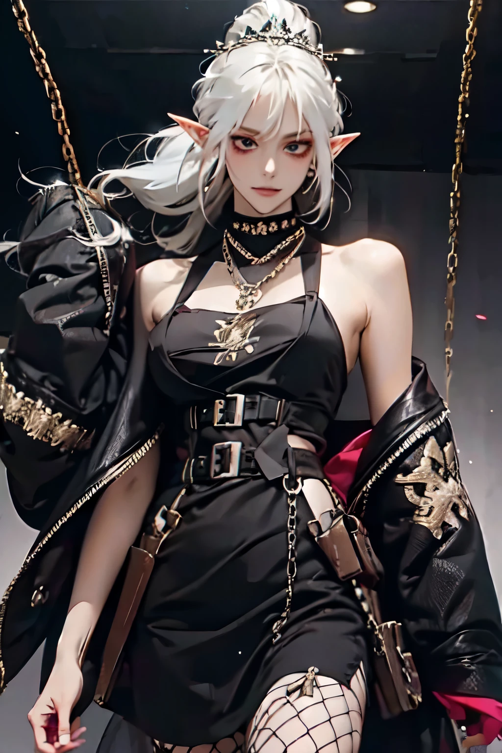 (masterpiece, best quality:1.2), 1girl, solo , emel , fishnet legwear , pantyhose , chain , midriff , black eyes , , O-ring , thigh strap , leg belt , white hair , strap cloth , , white hair ,  , flower , palace , asymmetrical dress , smirk , grin , very long hair , multi colour outfit , jewellery , head spike  , crown , hair ornament , kimono , pointy ears , hair bangs , ponytail , elf , black dress  , large breast , big breast , 