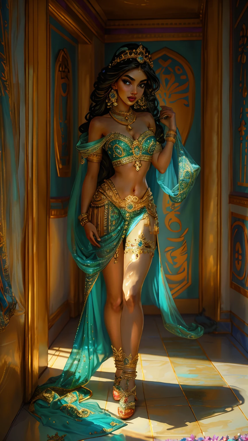 ((Full body photo, standing, feet on the floor)) thigh-high jeweled sandal, (((1girl))), (((23years))), ((full body shot)), Jasmine , Arabian, bikini, diadem with blue gem, jewelry, bracelets on arms, anklets on legs, colorful silks, Arabian setting, flowers, looking at viewer, ((highly detailed)), (((masterpiece))) Hyacinth