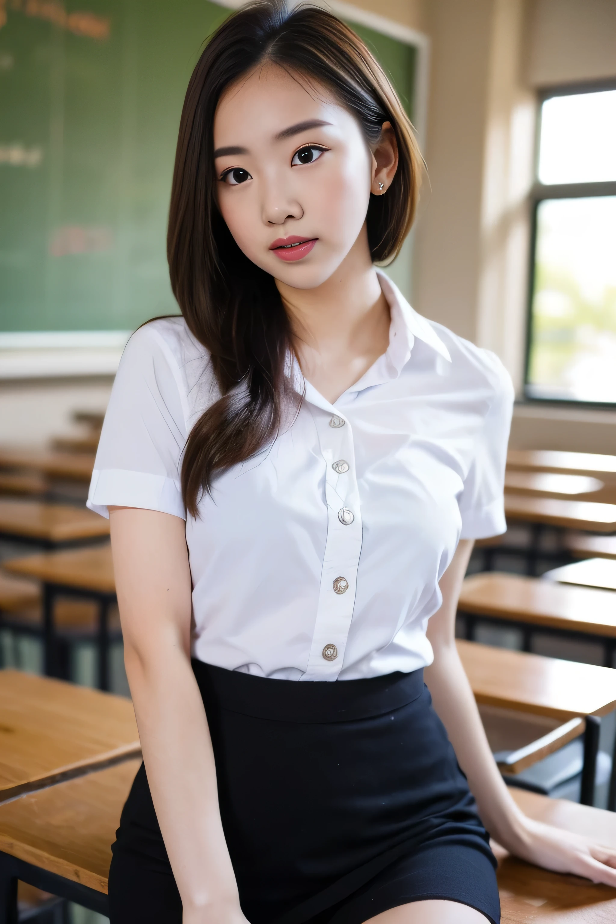 Close up,1 girl{{A beautiful girl wearing a white short-sleeved shirt and a black short A-line skirt}} stood in the classroom.  sexy poses  with several lecture tables set up behind it  There is a sliding glass window.  There was evening light streaming into the room.