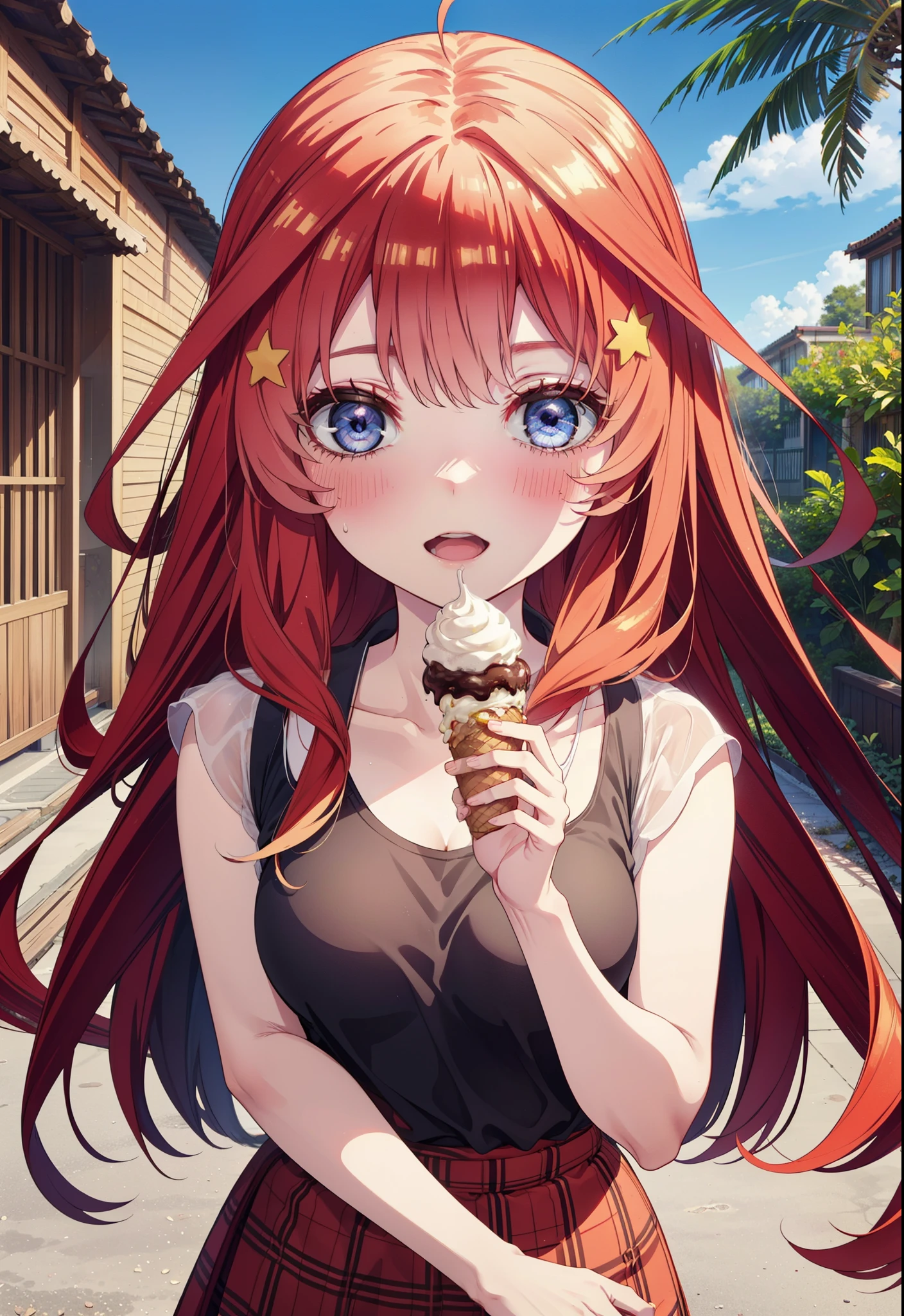 itsukinakano, Itsuki Nakano, bangs, blue eyes, Long Hair,Hair between the eyes, Ahoge, Redhead, star \(symbol\), hair ornaments, star hair ornaments,ハイビスカスのhair ornaments,Red Tank Top,Long skirt,Heeled Sandals,Walking,smile,blush,Open your mouth,Eating ice cream,Holding ice cream in one hand,whole bodyがイラストに入るように,Palm tree,True Summer,Clear skies,
break outdoors,Building district,tropical,
break looking at viewer,whole body ,
break (masterpiece:1.2), Highest quality, High resolution, unity 8k wallpaper, (figure:0.8), (Beautiful attention to detail:1.6), Highly detailed face, Perfect lighting, Highly detailed CG, (Perfect hands, Perfect Anatomy),