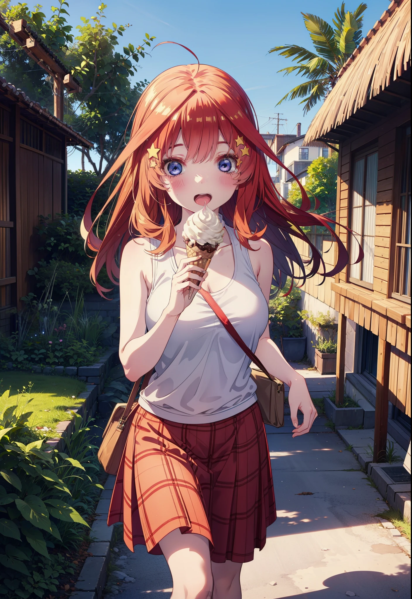 itsukinakano, Itsuki Nakano, bangs, blue eyes, Long Hair,Hair between the eyes, Ahoge, Redhead, star \(symbol\), hair ornaments, star hair ornaments,ハイビスカスのhair ornaments,Red Tank Top,Long skirt,Heeled Sandals,Walking,smile,blush,Open your mouth,Eating ice cream,Holding ice cream in one hand,whole bodyがイラストに入るように,Palm tree,True Summer,Clear skies,
break outdoors,Building district,tropical,
break looking at viewer,whole body ,
break (masterpiece:1.2), Highest quality, High resolution, unity 8k wallpaper, (figure:0.8), (Beautiful attention to detail:1.6), Highly detailed face, Perfect lighting, Highly detailed CG, (Perfect hands, Perfect Anatomy),