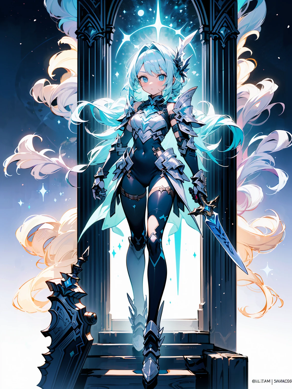 (((masterpiece, best quality, high detailed, 8k))) Design a layout showcase Gaming character, (1girl). Gold|White clothes, stylish and unique. ((showcase weapon:1.4)), celestial bow. (masterpiece:1.2), (best quality), 4k, ultra-detailed. (Step by step design, layout art:1.5), (luminous lighting, atmospheric lighting). celestial archer, ((glove full hands)), (((revealing clothes:1.3))), vambraces, armored legwear, (((full_body_shot:1.4))). {In a starry sky}.