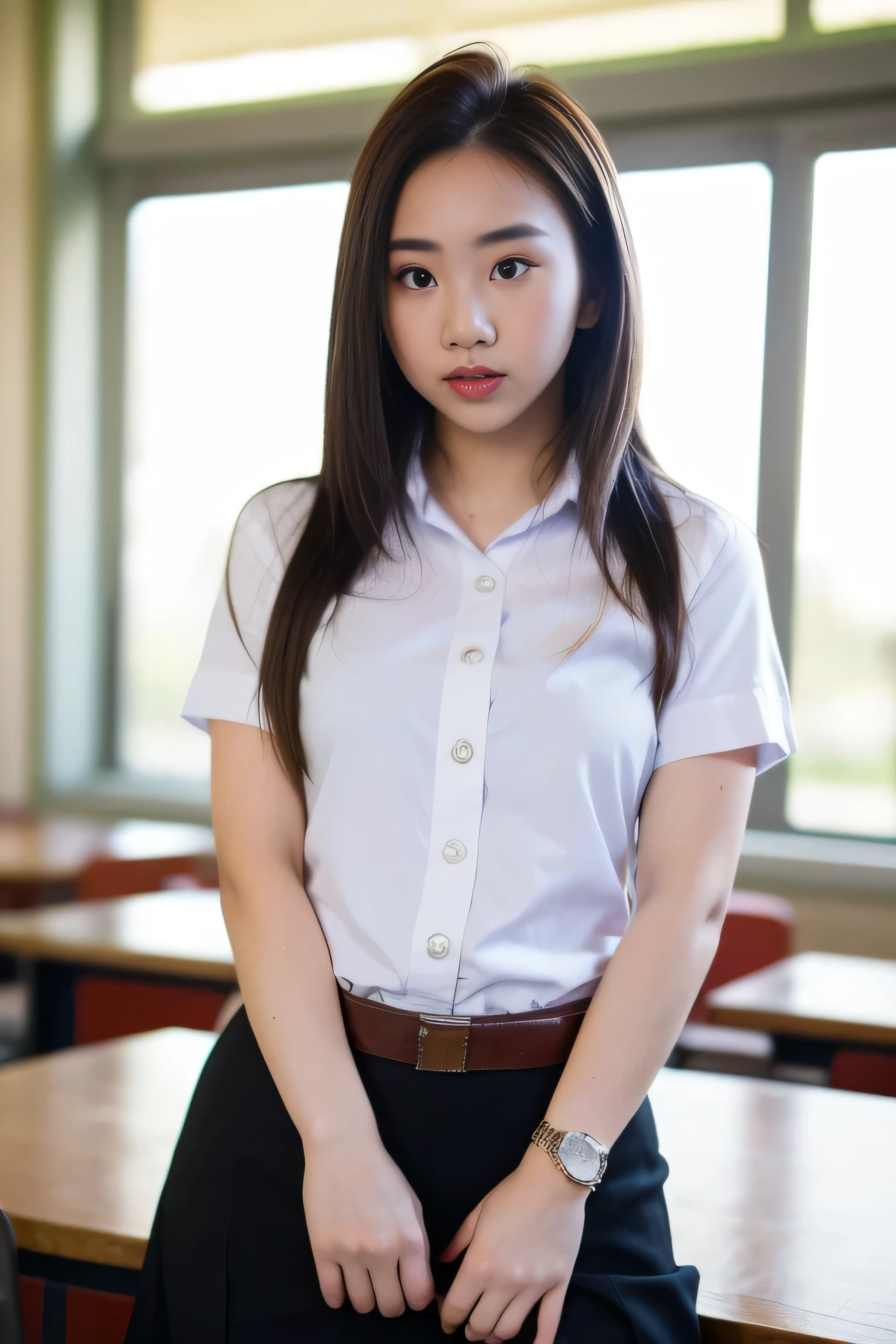 Close up,1 girl{{A beautiful girl wearing a white short-sleeved shirt and a black short A-line skirt}} stood in the classroom.  sexy poses  with several lecture tables set up behind it  There is a sliding glass window.  There was evening light streaming into the room.